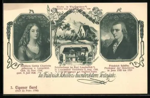 AK Bad Lauchstädt, das Schillerhaus, Kirche in Wenigenjena, Portraits von Schiller und Charlotte