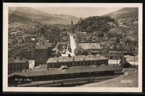 AK Bruck a/ Mur, Teilansicht mit Bahnhof
