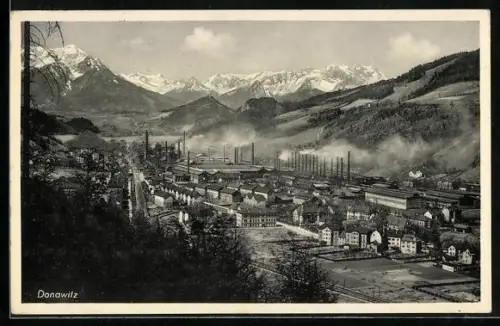 AK Donawitz, Ortsansicht mit Fabriken und Bahnschienen
