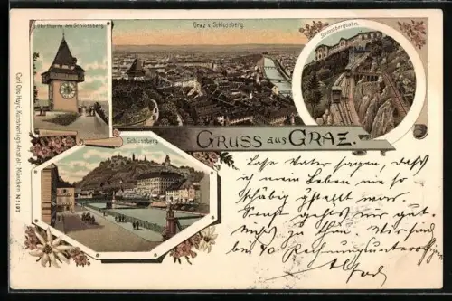 Lithographie Graz, Schlossbergbahn, Uhrturm, Schlossberg