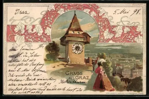 Lithographie Graz, Ortsansicht mit Uhrturm, verzierter Rahmen