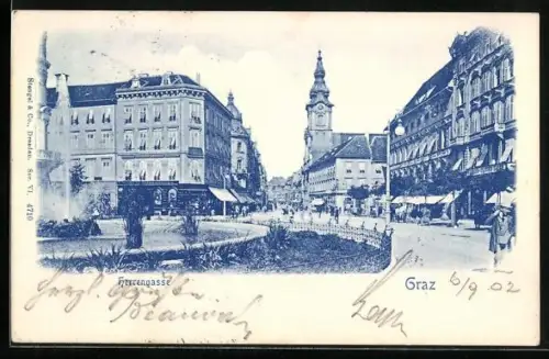 AK Graz, Herrengasse mit Geschäften und Brunnen