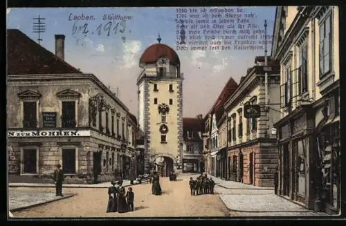 AK Leoben, Strassenpartie am Stadtturm, Gasthaus zum Mohren