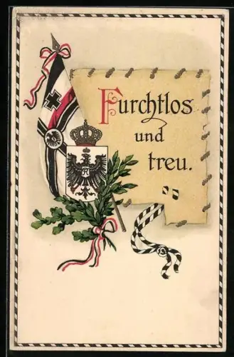 AK Furchtlos und treu, Fahne mit Wappen und Eichenzweigen