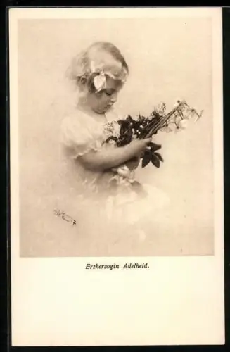 Künstler-AK Erzherzogin Adelheid von Österreich, Kinderportrait mit Blumen, Karte d. Kriegsfürsorgeamts