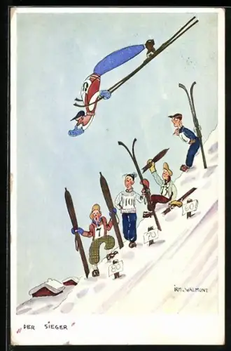 Künstler-AK sign. Irm v. Walmont: Skispringer fliegt über die Konkurrenz hinweg