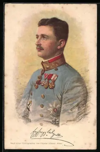 Künstler-AK Kaiser Karl I. von Österreich in Uniform mit Orden, Rotes Kreuz