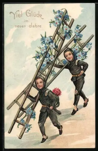 AK Hartelijke Gelukwensch, kleine Schornsteinfeger mit geschmückten Leitern