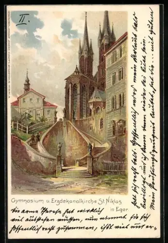 Lithographie Eger, Gymnasium u. Erzdekanalkirche St. Niklas
