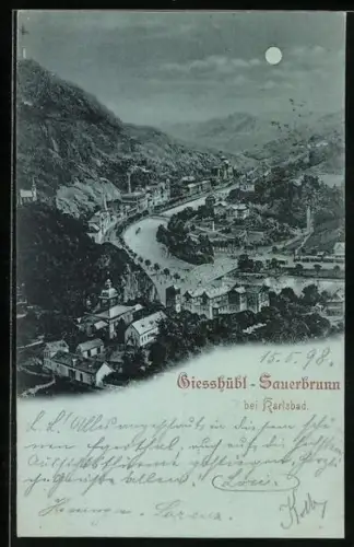 Mondschein-AK Giesshübl-Sauerbrunn bei Karlsbad, Flusspartie mit Brücken