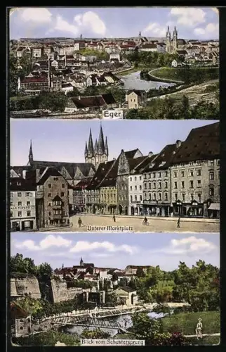 AK Eger, Ortsansicht, Unterer Marktplatz mit Apotheke, Blick vom Schustersprung