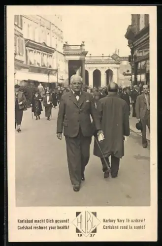AK Karlsbad, Mann im Anzug mit Fliege 1937, Karlsbad macht Dich gesund