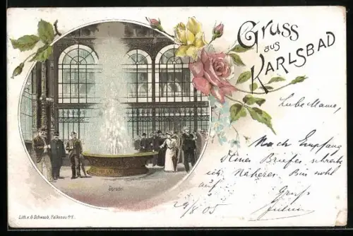 Lithographie Karlsbad, Sprudel, Menschen neben dem Springbrunnen