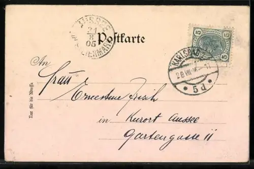 Lithographie Karlsbad, Sprudel, Menschen neben dem Springbrunnen