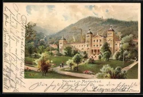 Lithographie Marienbad, Neubad mit Park