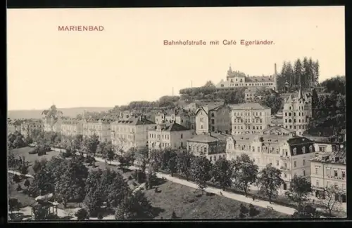 AK Marienbad, Bahnhofstrasse mit Cafe Egerländer