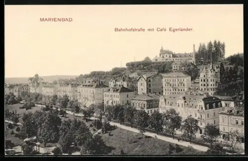 AK Marienbad, Bahnhofstrasse mit Cafe Egerländer