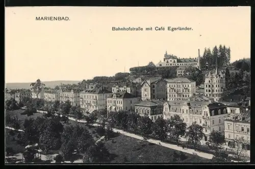 AK Marienbad, Bahnhofstrasse mit Cafe Egerländer