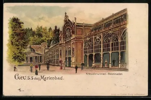 Lithographie Marienbad, Kreuzbrunnen-Colonnaden
