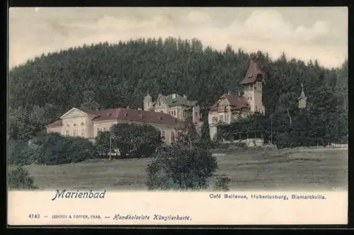 AK Marienbad, Café Bellevue, Hubertusburg und Bismarckvilla