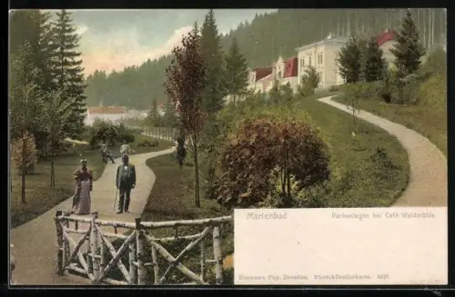 AK Marienbad, Parkanlagen beim Café Waldmühle