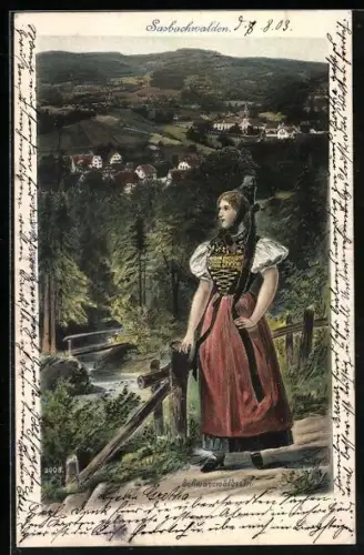 Künstler-AK Sasbachwalden, Blick vom Berg auf den Ort, Fräulein im Trachtenkleid