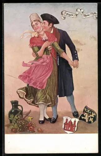 AK Speyer, Rhein-Pfalz, Paar in bayerische Tracht, Wein, Wappen