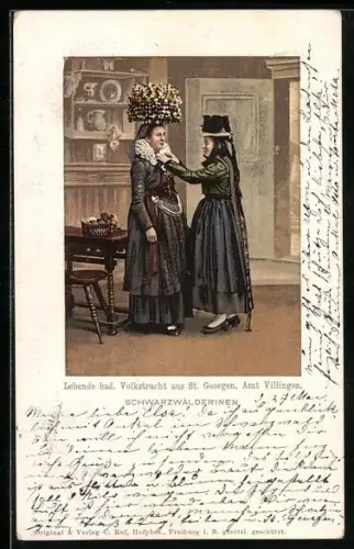 AK St. Georgen, Lebende Badische Tracht aus St. Georgen, Schwarzwälderinnen