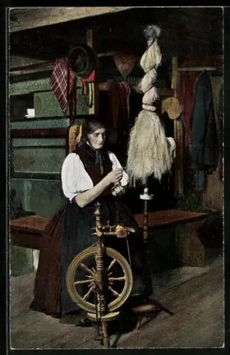 AK Frau in Tracht am Spinnrad