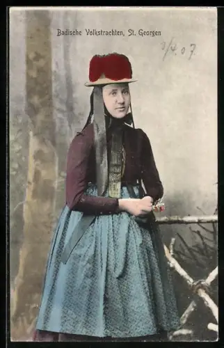 AK St. Georgen, Dame in badischer Volkstracht
