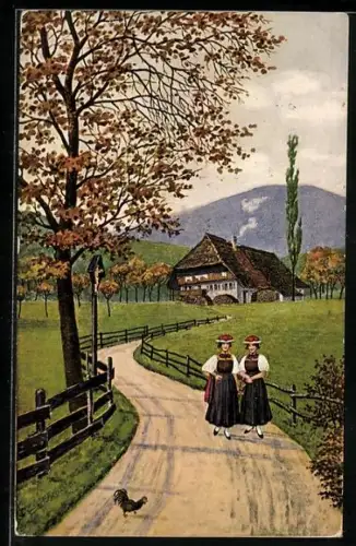 AK Gutachtal, Zwei Frauen in Schwarzwälder Tracht im Herbst