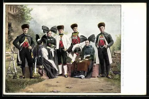 AK Männer und Frauen in Schwarzwälder Tracht an einem Weg