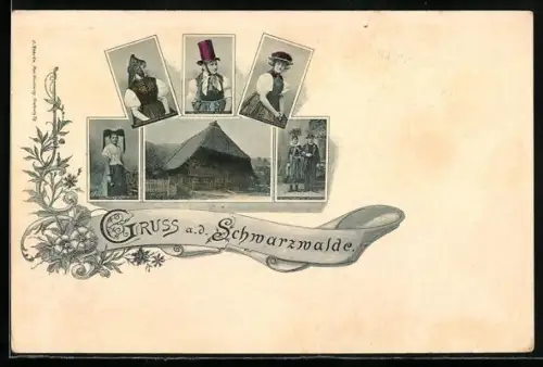 AK Schwarzwälderinnen in verschiedenen Trachten, Schwarzwaldhaus