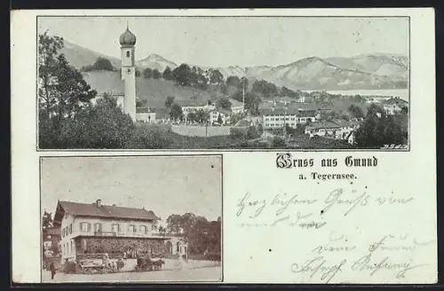 AK Gmund a. Tegernsee, Gasthaus, Teilansicht mit Kirche