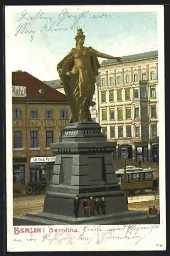 Lithographie Berlin, Berolina, Denkmal und Strassenbahn am Alexanderplatz