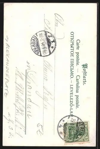 Lithographie Berlin, Berolina, Denkmal und Strassenbahn am Alexanderplatz