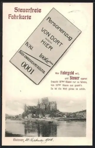 AK Meissen / Elbe, Steuerfreie Fahrkarte von Dort nach Hier, Teilansicht der Stadt mit Kirche