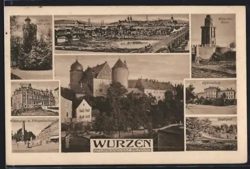AK Wurzen, Bismarck-Turm, Turm im Stadtpark, Gymnasium, Stadtpark, Kriegerdenkmal