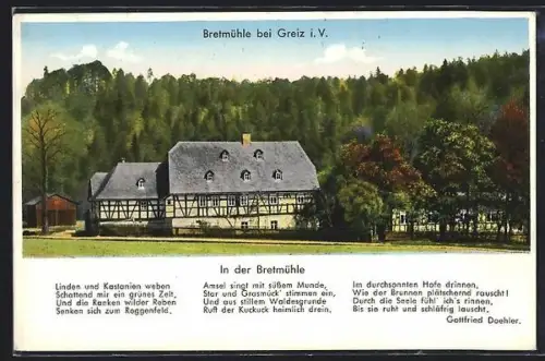 AK Bretmühle bei Greiz, Gasthaus Bretmühle, Gedicht von Gottfried Doehler