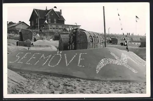 Foto-AK Wangerooge, Sandfigur mit Aufschrift Seemöwe