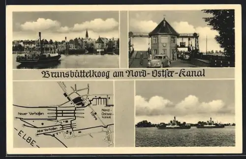 AK Brunsbüttelkoog am Nord-Ostsee-Kanal, Autofähre, Schleuse, Hafen, Karte, VW Käfer