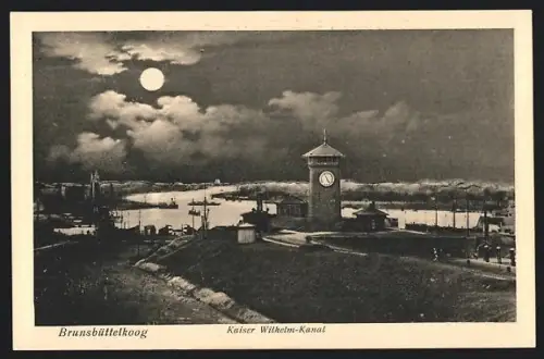 AK Brunsbüttelkoog, Kaiser Wilhelm-Kanal im Mondschein