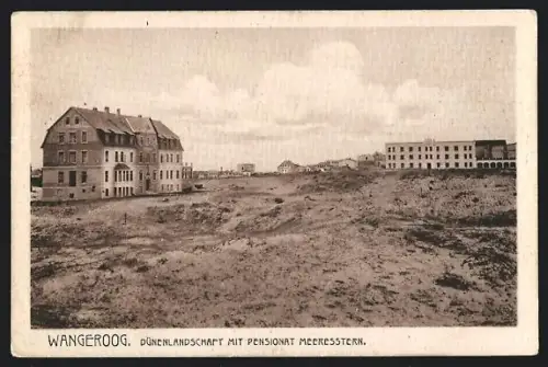 AK Wangeroog, Dünenlandschaft mit Hotel Pensionat Meeresstern