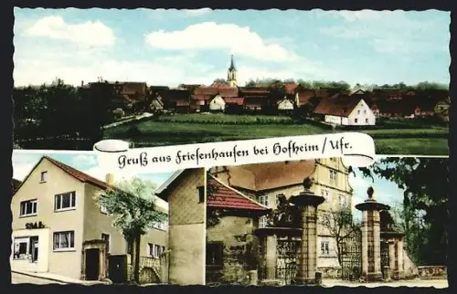 AK Friesenhausen bei Hofheim, Bäckerei v. Kurt Krieger, Ortspanorama
