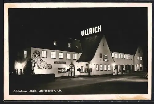 AK Elfershausen / Ufr., Hotel - Gästehaus Ullrich bei Nacht beleuchtet