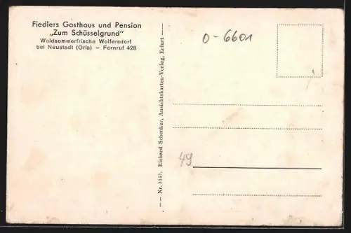 AK Wolfersdorf bei Neustadt, Fiedlers Gasthaus Zum Schüsselgrund, Waldbad Herzog Ernst