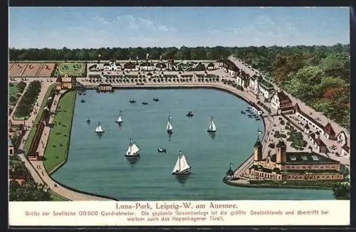 Künstler-AK Leipzig am Auensee, Luna-Park, See mit Booten