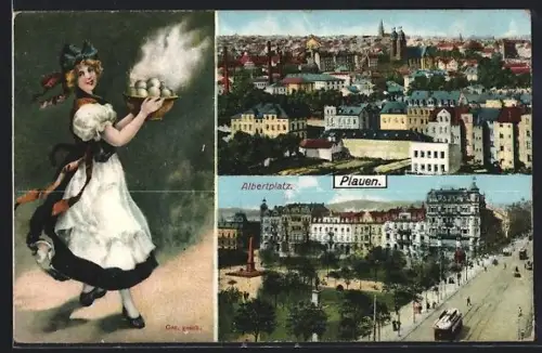 AK Plauen / Vogtland, Strassenbahn am Albertplatz, Frau mit dampfenden Klössen