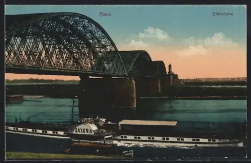 AK Riesa, Elbbrücke, Dampfschiff Saxonia
