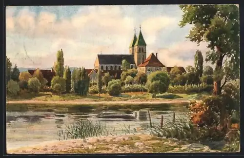 AK Reichenau-Niederzell, Kirche, Uferansicht, Bäume